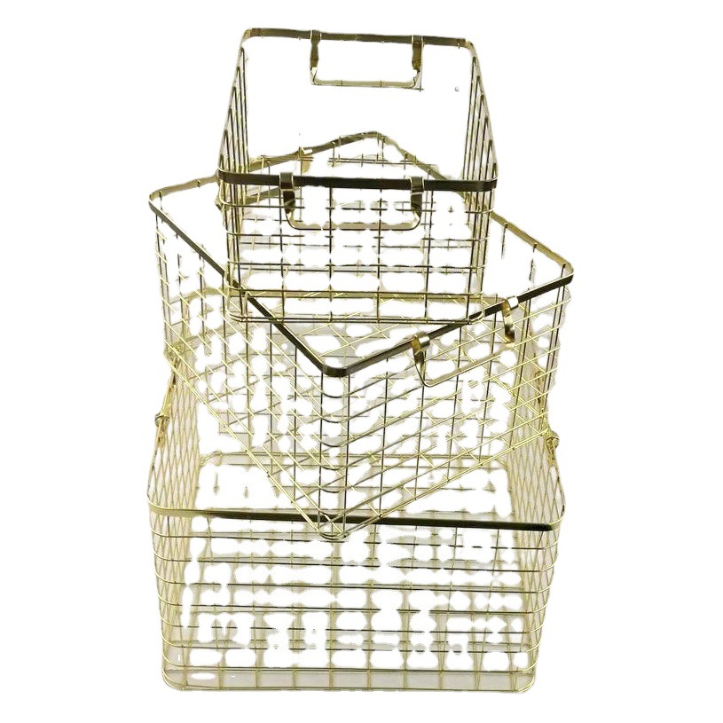 Cesta de almacenamiento de estilo nórdico con manijas Cesta de almacenamiento de hierro dorado Cesta de almacenamiento de marco de almacenamiento de gran capacidad de oro rosa