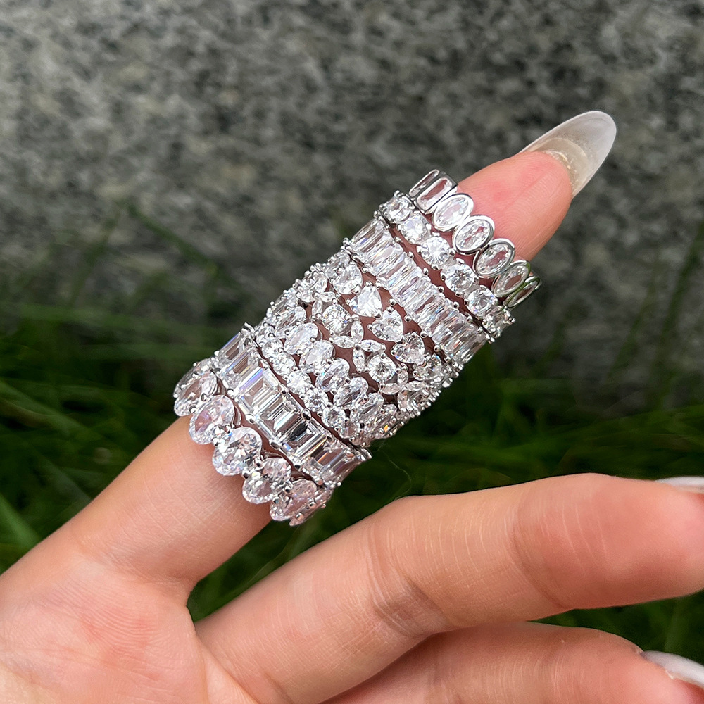 歐美首飾新款s925純銀戒指鑲5A鋯石滿鑽簡約女士戴仿鑽戒手飾批發