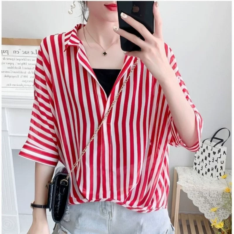 Летний комплект шифоновой рубашки, oversize свободного кроя, эффект подтяжки, женский