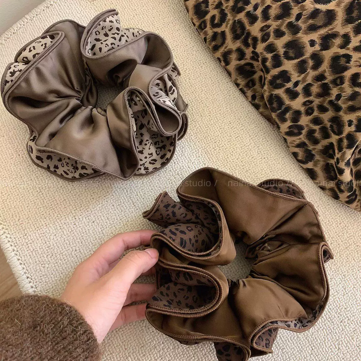 豹纹大肠发圈双层发绳女2025新款扎丸子头马尾扎气质绑发皮筋大号