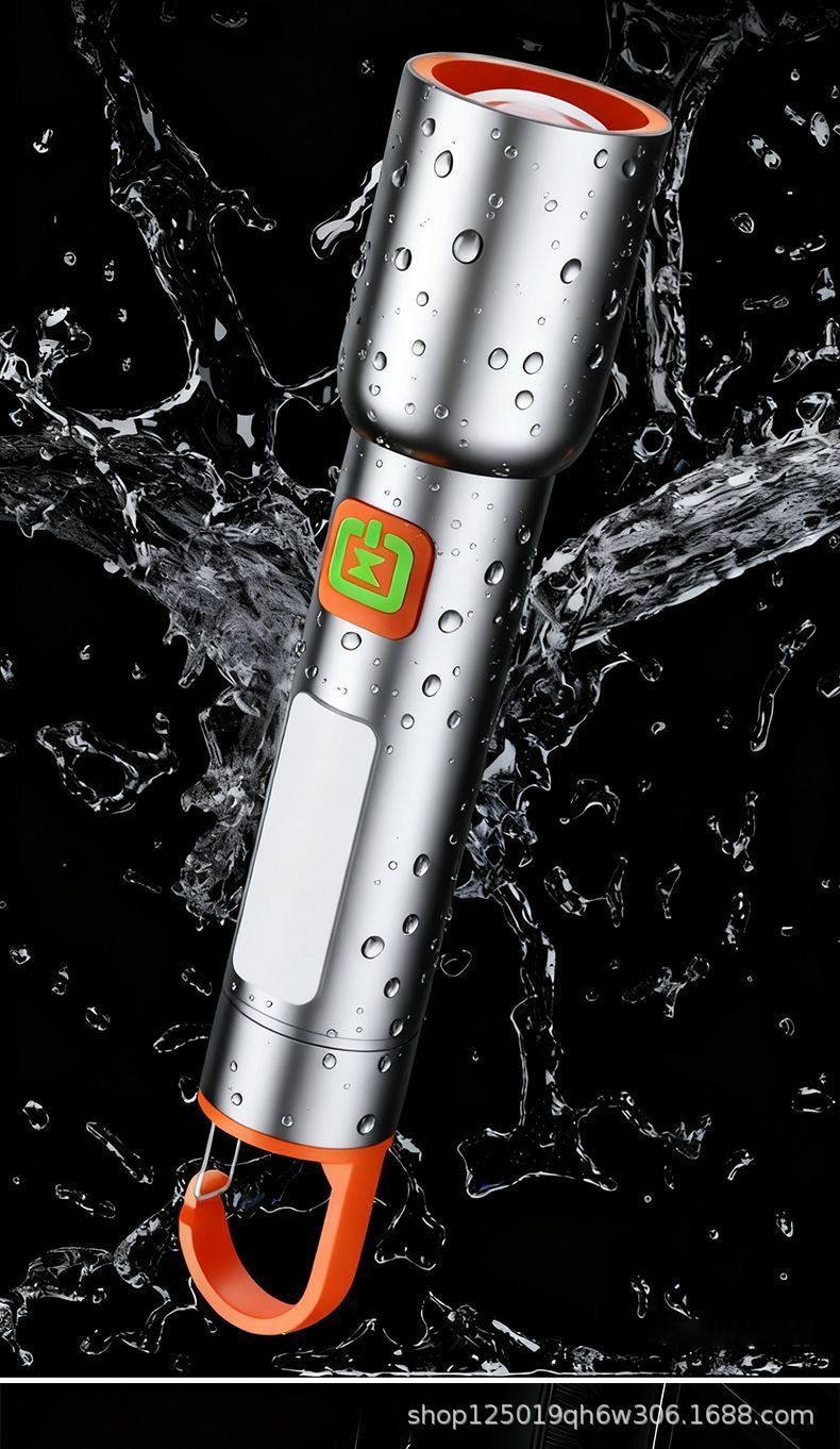 Premium aluminum alloy flashlight, super bright, rechargeable, with adjustable zoom and long-range beam, ideal for outdoor activities like hiking, fishing, and camping