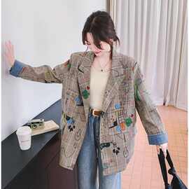 灰色格子西装外套女春款2025新款设计感炸街宽松休闲涂鸦印花西服