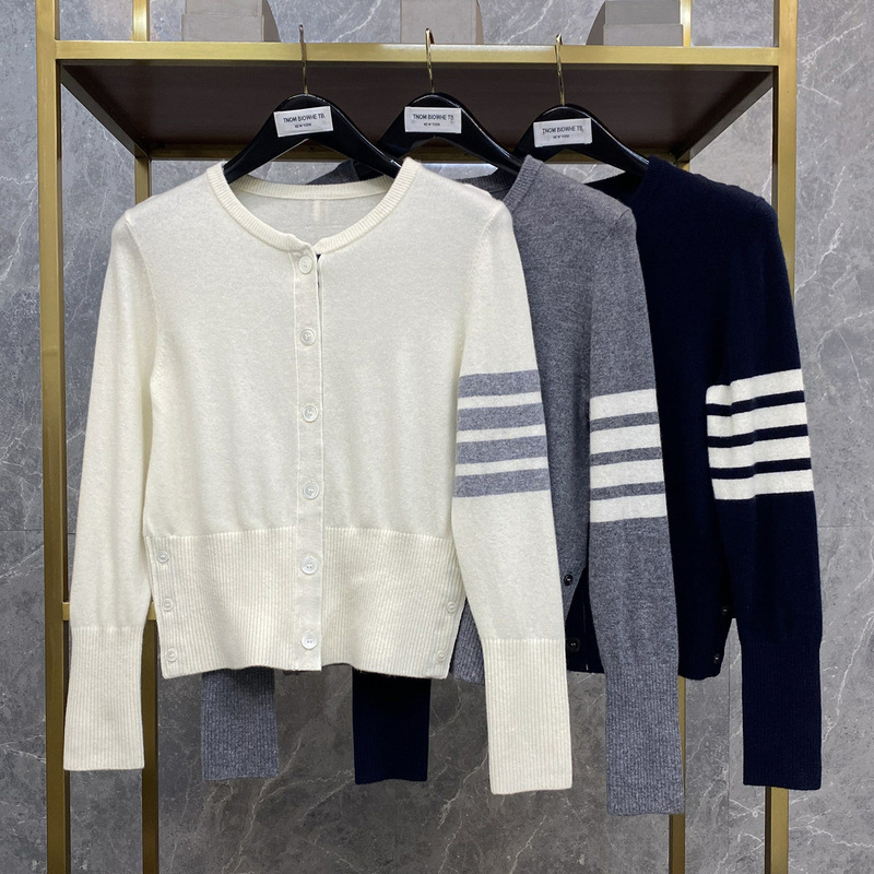 Tnom Biowhe Tb Knitted Cardigan for Women Spring & Fall New Style Wool Round Neck Classic Four-Bar Women's Sweater Jacket