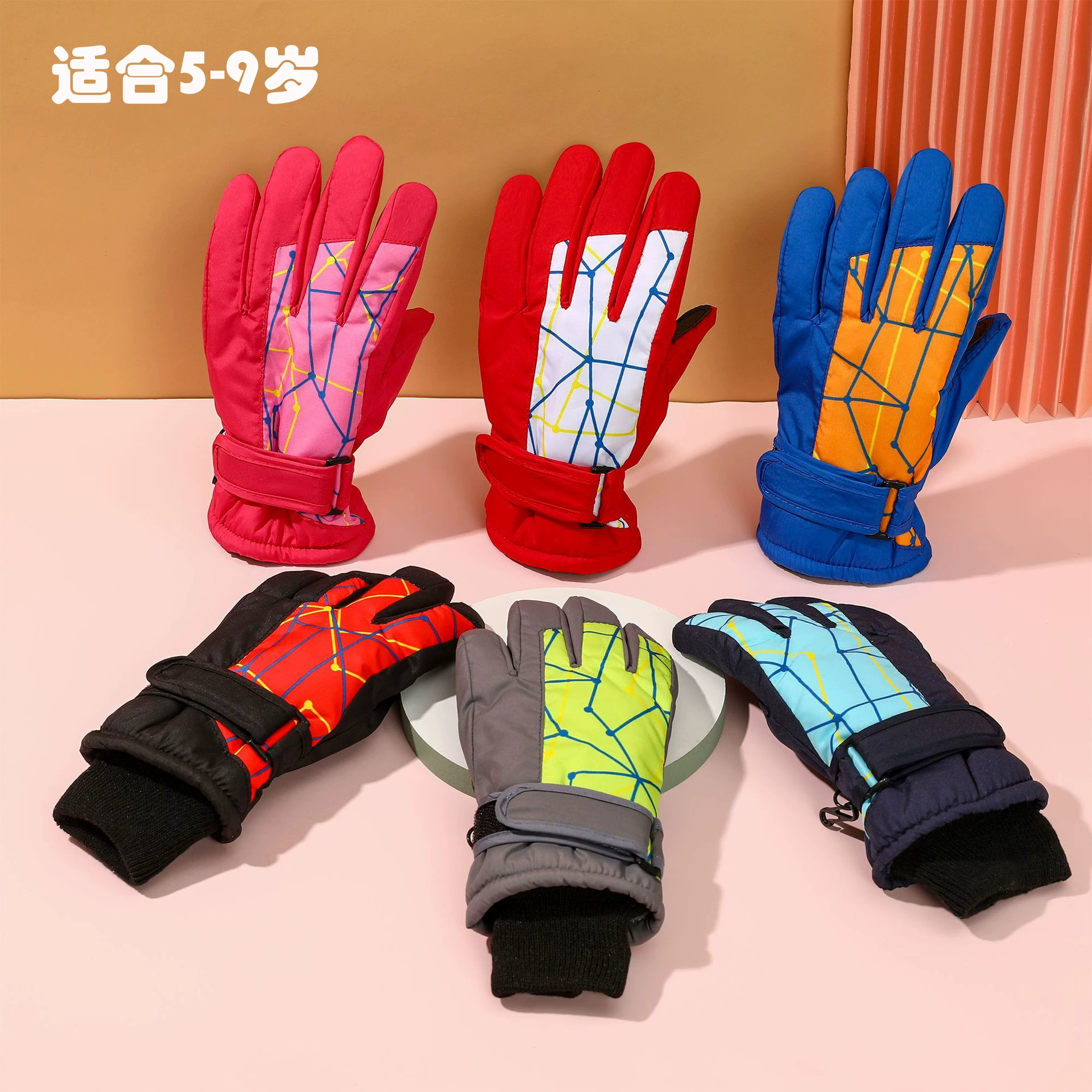 Детские лыжные перчатки для бега и спорта на открытом воздухе Ветрозащитная решетка с принтом От 5 до 10 лет Зимние Холодостойкие теплые велосипедные перчатки для мужчин