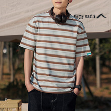 瀚派短袖条纹t恤情侣装春夏新款宽松青少年简约基础款半袖衫男装