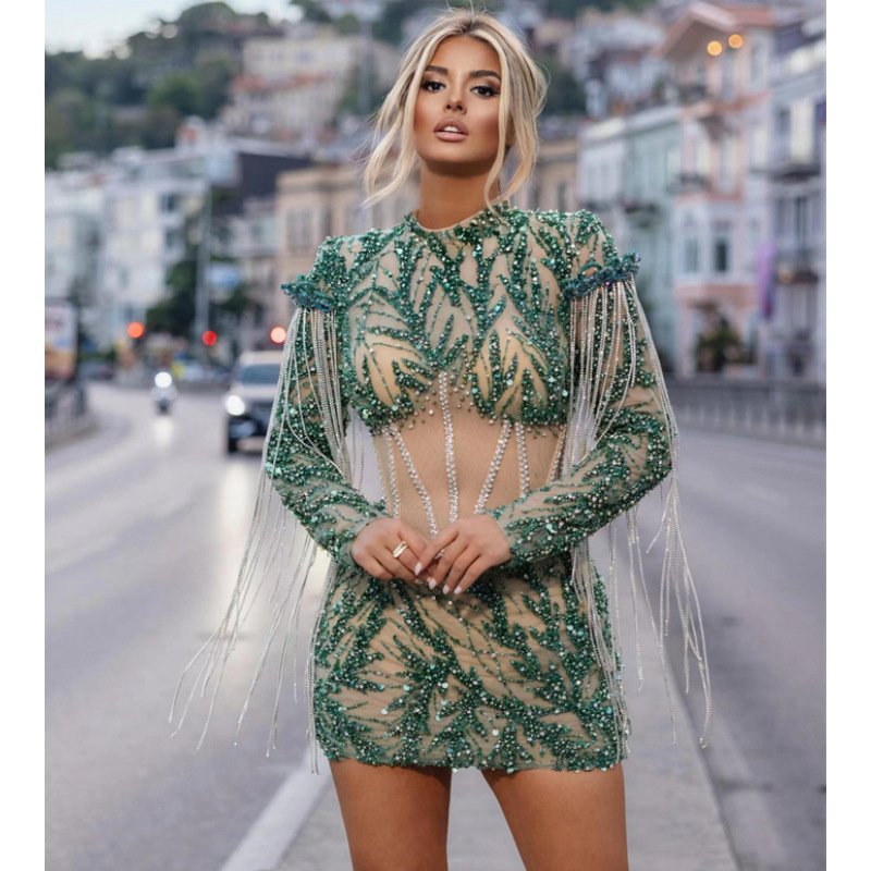 Cross-border heavy industry rhinestone sequined embroidered Sexy see-through tassel ultra-short dress light luxury party dinner dress