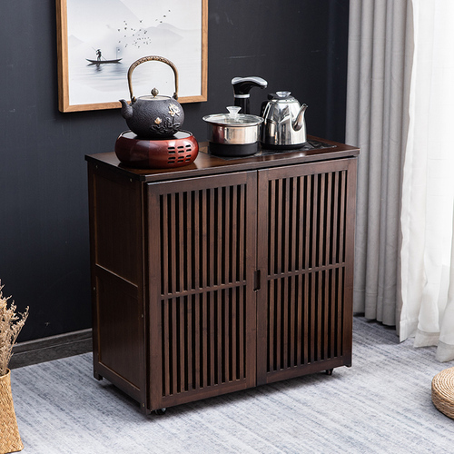 G3YN Tea Cabinet, Modern Chinese Style Solid Wood Sideboard for Home Living Room, Integrated Water Kettle, Walnut Wood with Wheels