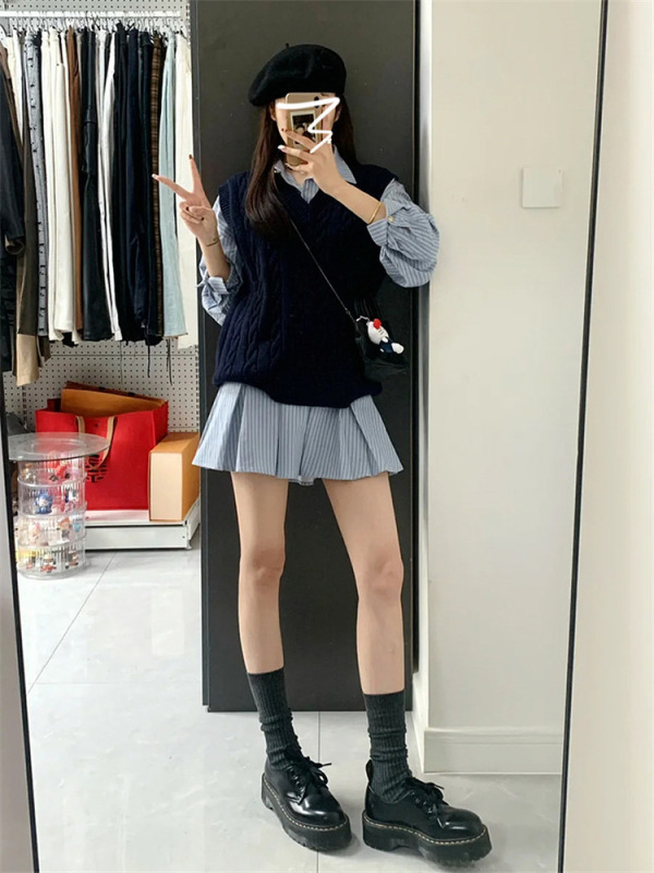 条纹长袖衬衫连衣裙子女装2025新款秋季小个子韩系穿搭学院风套装|undefined