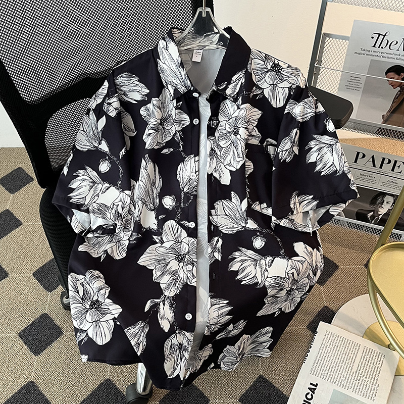 Ink Tie-Dye Floral Shirt Men's Short-Sleeved 2025 Summer New China Style Draped Ice Silk plus size Shirt