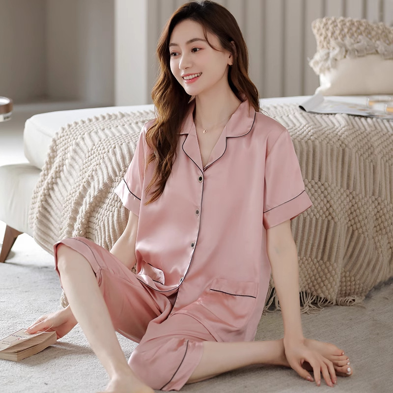 여성용 잠옷 여름 얼음 실크 반팔 크롭 바지 얇은 여름 시뮬레이션 실크 시원한 느슨한 가정 의류 하이 엔드