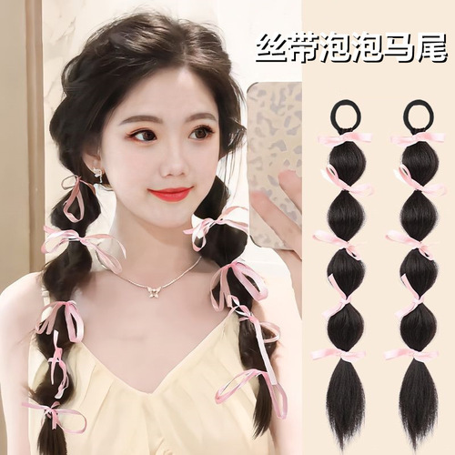 Factory Hot Sale Female Horse Tail Hair Band with Ribbon, Bubble Ponytail Hair Band Style Fake Boxing Braids Hair Extensions in Stock