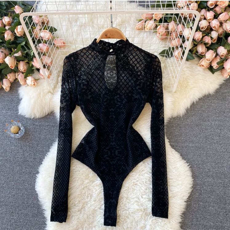 Mono de una pieza sexy ver a través de manga larga Slim bottoming Top jumpsuit