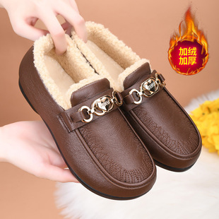 Leather fleece-lined Mother Shoes Winter Waterproof Cotton Shoes Women's Soft Sole Comfortable Middle-aged and Elderly Slip-on fleece-lined Warm Cotton Boots