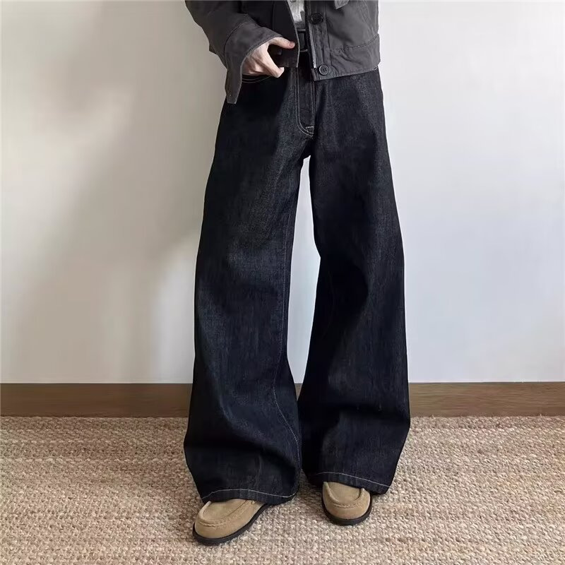 남성용 데님 팬츠, 아메리칸 스타일의 '올드 머니' 스타일, 오리지널 블랙 블루, 스트레이트 핏, 루즈핏, 활용도 높은 웨이브 레그, 와이드 레그, 캐주얼 팬츠.