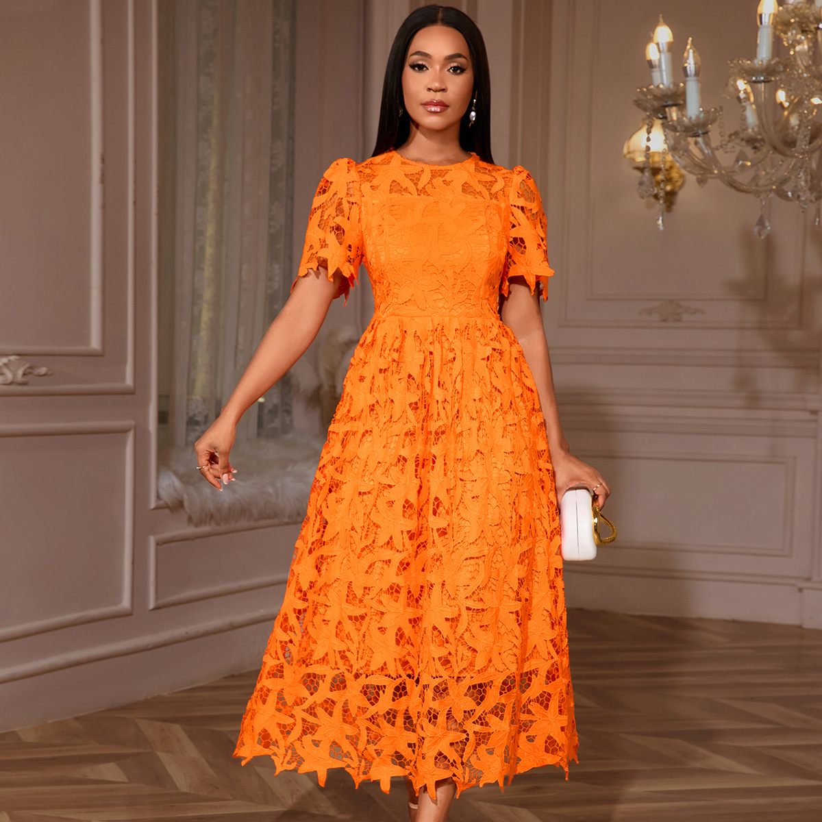 Cross-Border European and American High-End Round Neck Dress, Fashionable and Elegant Lace See-Through A-Hem Banquet Evening Dress Dress