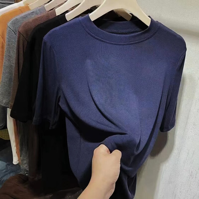 高品質の弾力綿五分袖の上着の女性の丸首の純色の中袖の底のシャツのゆったりしているtシャツは代行して明らかにします。|undefined