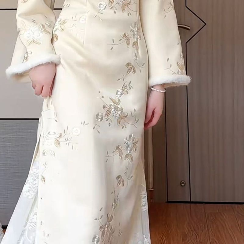 旗袍内搭衬裙百褶半身裙秋冬叠穿复古加绒打底蕾丝纯色大摆半身裙|undefined