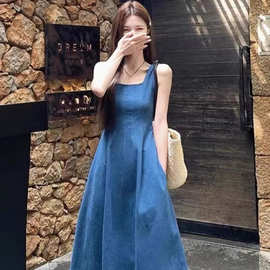 2025夏蓝雾之恋法式牛仔连衣裙女夏小众设计感收腰气质吊带长裙