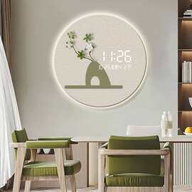 小清新花卉电子钟圆形装饰画创意时钟LED灯餐厅挂画