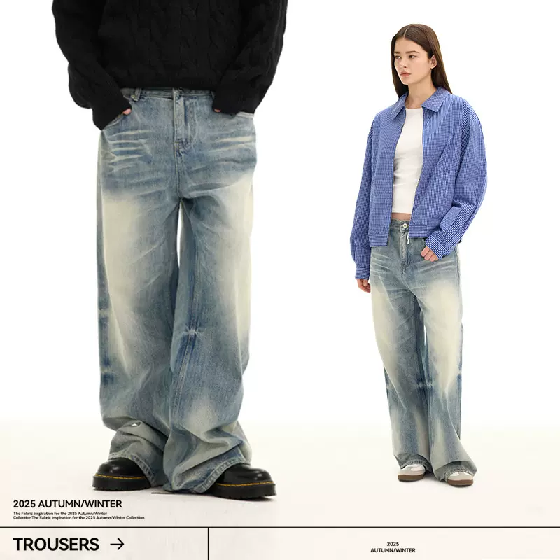 UNF 牛王A字型水洗蓝直筒宽松cleanfit原牛手工猫须牛仔裤男秋冬