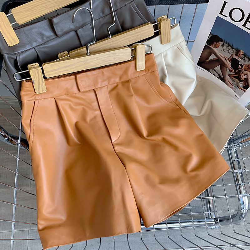 ins Bermuda Shorts European Casual Leather Leather Pants High Waist A- Line Wide Leg Pants Sheepskin Soft Waxy Texture for Women ins Bermuda Shorts European Casual Leather Leather Pants High Waist A- Line Wide Leg Pants Sheepskin Soft Waxy Texture for Women
