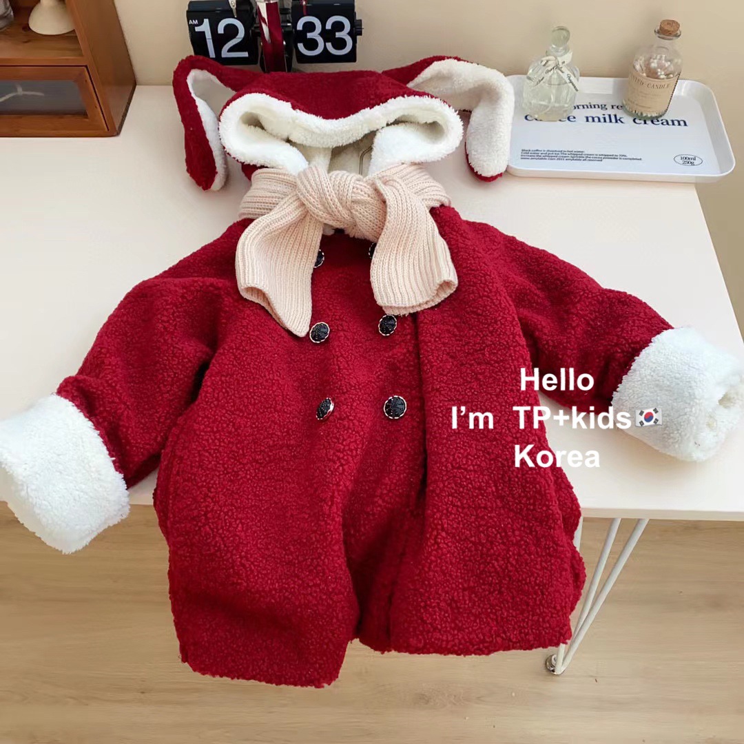Estrella DE LOS NIÑOS ronda estilo coreano ropa la muchacha boda del bebé rojo Año Nuevo encapuchado orejas conejo rojo abrigo felpa