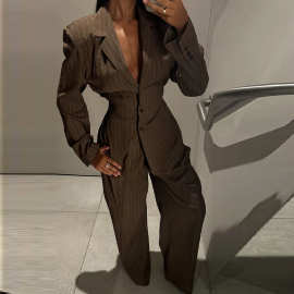 欧美跨境2025秋季新款气质通勤休闲收腰条纹西装外套长裤套装