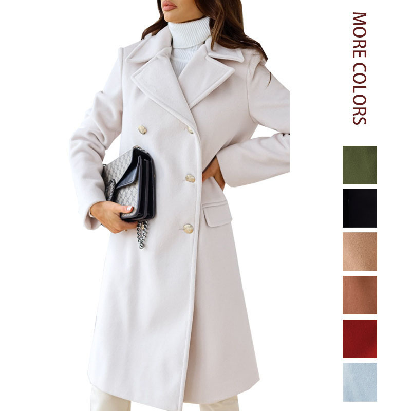 2026 European and American New Style Independent Site Amazon Autumn and Winter Simple Long-Sleeve Lapel Double-Breasted Woolen Coat for Women