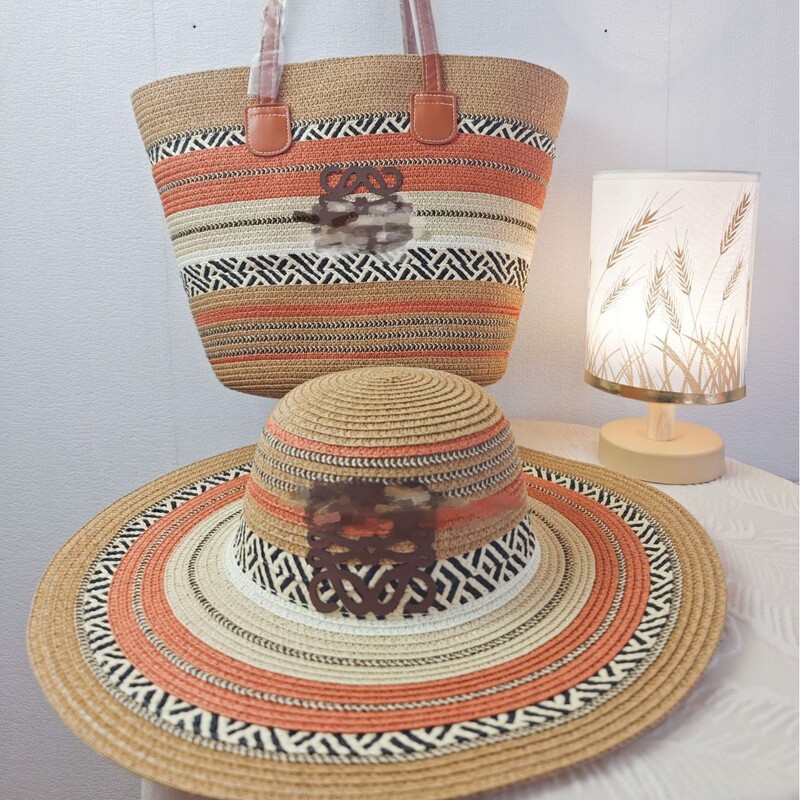 Luowei's cross-border Bohemian ethnic style vacation straw hat and straw bag two-piece set, sun hat and tote bag Luowei's cross-border Bohemian ethnic style vacation straw hat and straw bag two-piece set, sun hat and tote bag