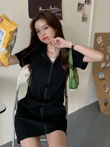 【6535 Fish Scale Fabric】Fitted Slimming Hooded Zipper Dress for Women, Can Be Sweet or Salty, Short Sleeve Casual Skirt