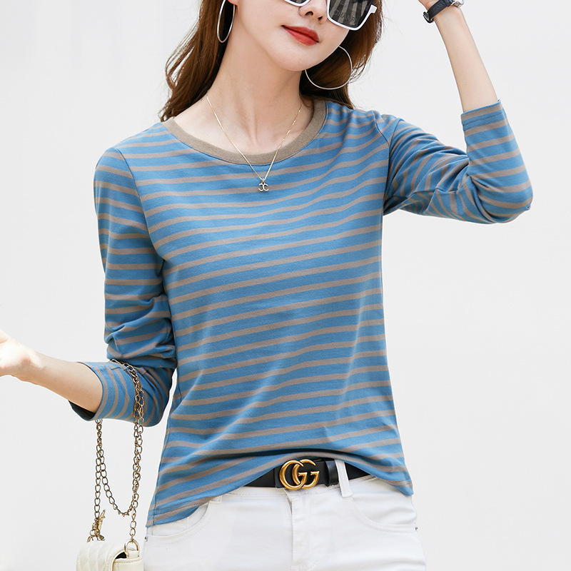 367 Contrast Color Stripesd T-Shirt Women's Long-Sleeved Korean Style Loose Inner Layering Shirt Spring and Autum New Outer Top Trbottomy 367 Contrast Color Stripesd T-Shirt Women's Long-Sleeved Korean Style Loose Inner Layering Shirt Spring and Autum New Outer Top Trbottomy