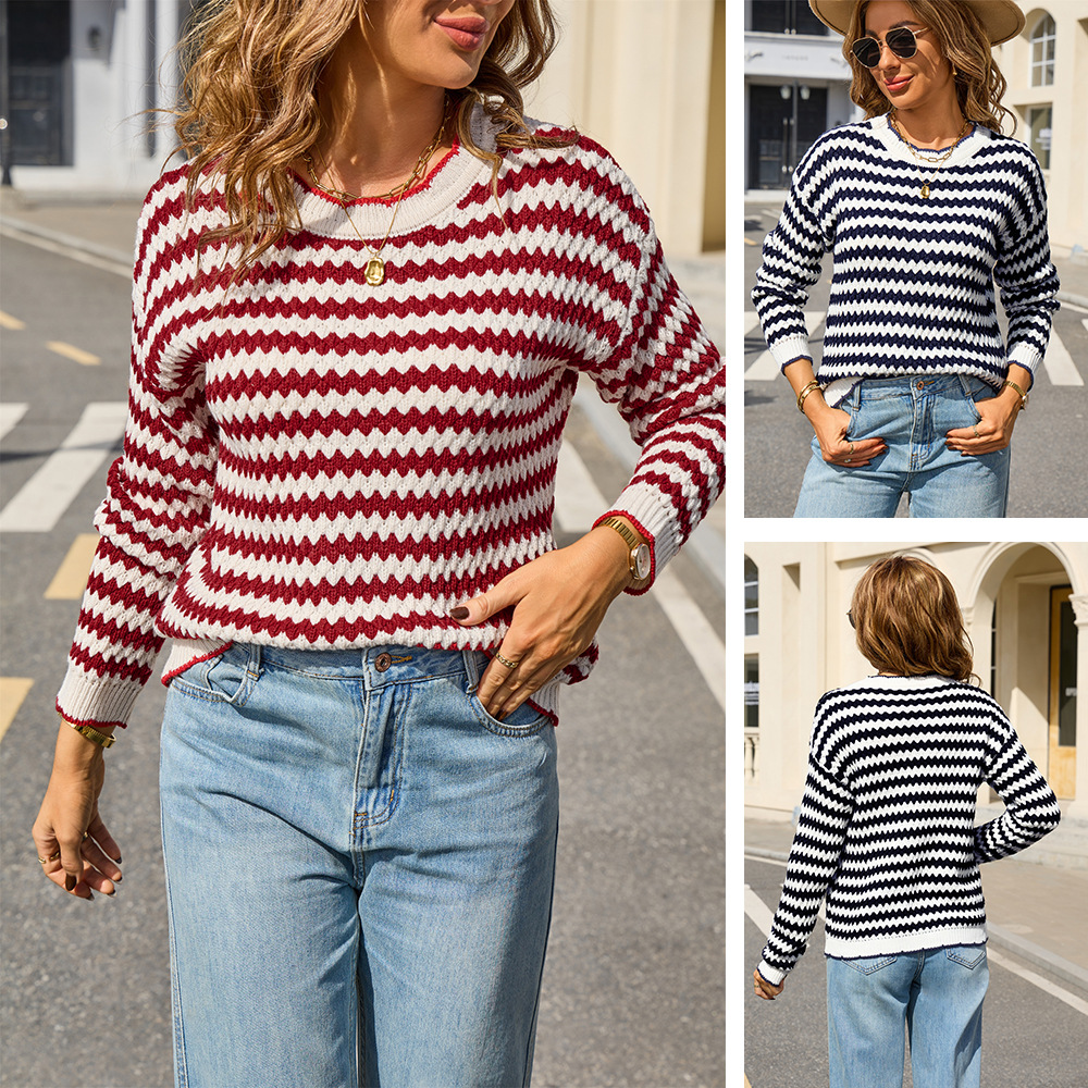 2025 Herbst und Winter Ins High-End Einfacher Streifenpullover Langärmeliger Vielseitiger Strickpullover_voghion.com