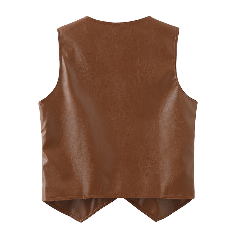 Primavera y otoño Chaleco de cuero sin mangas de las mujeres 2022 nueva moda compleja suelta pu Chaleco Corto marrón primavera desgaste exterior