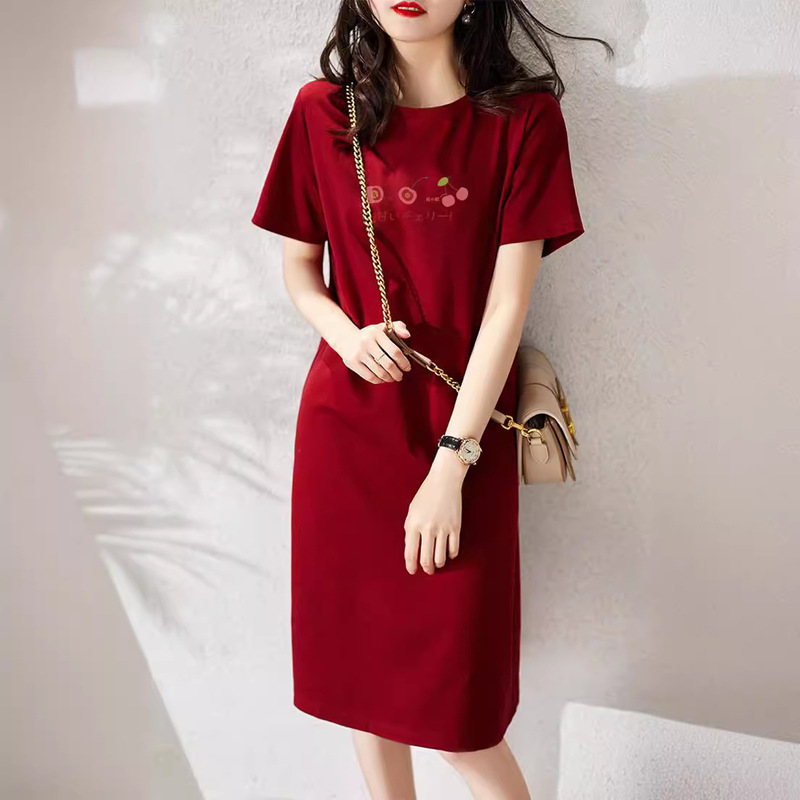 CuTe FruiT Small Fresh Loose Slimming Look PrinTed T-shirT Dress Women's K-sTyle CommuTer Mid-lengTh Fairy SkirT ins