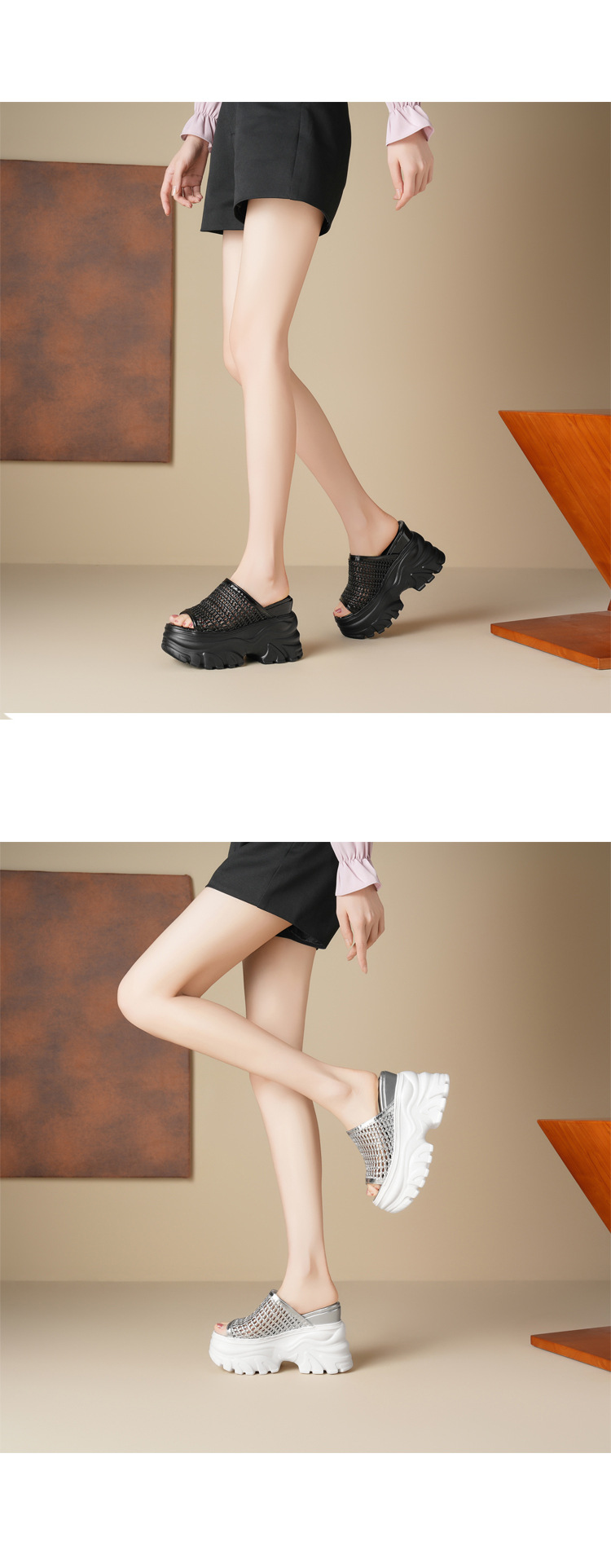 Dép lê đế xuồng dệt rỗng thoáng khí tăng chiều cao 12cm cho nữ, đế xốp dày dáng nhỏ — Màu đen, Màu vàng nhạt, Màu bạc chi tiết 8