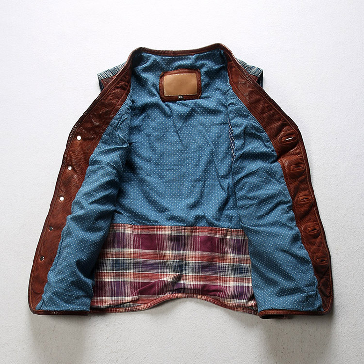 Description Picture 6 of item2024 New Spring Autumn Blue Dyed Clothing Genuine Leather Waistcoat Bikers Motorcycle Vest Male Sheepskin Sleeveless Coats