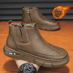 Snow Boots Men's Winter fleece-lined Warm Northeast Cotton Shoes Leather Shoes Fur One-piece High-top Martin Boots Outdoor Tooling