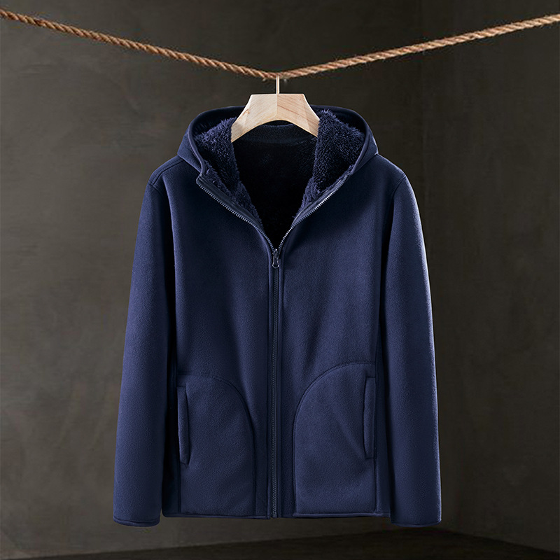 Basic Simple Fleece Jacket Autumn and Winter Warm Top Double-sided Solid Color Hooded Zipper Couples Sweatshirt