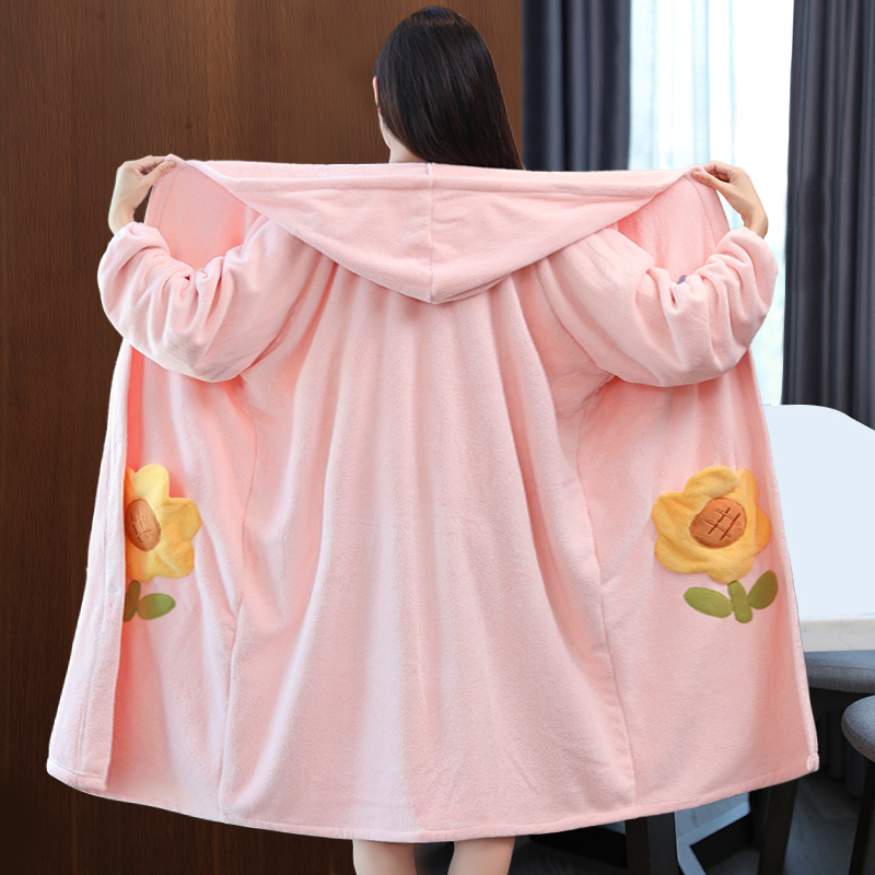 H1FW72X 목욕 가운 여성의 긴 잠옷 착용 가능한 목욕 수건 후드 목욕 플러스 사이즈 순수한 면화 흡수성보다