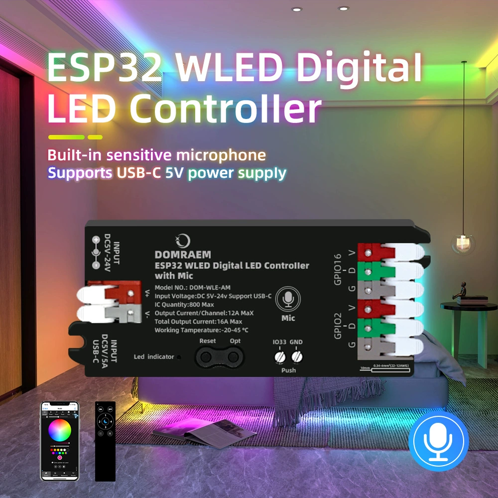 DOMRAEM ESP32WLED адресный контроллер светодиодной ленты USB-C с микрофоном DIY световой эффект 100+