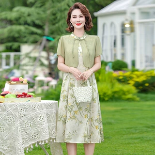 2066 夏季新中式连衣裙国风短袖新款中老年中年夏装洋气裙子女式