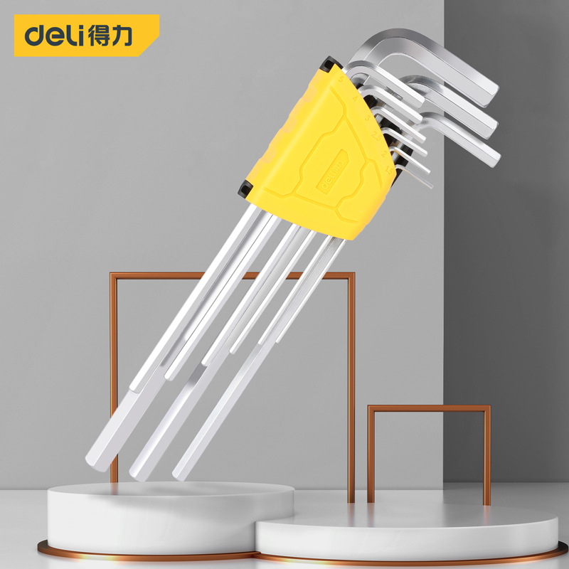 品牌授权Deli/得力工具特长平头内六角组套塑架(黄）9件套DL3099