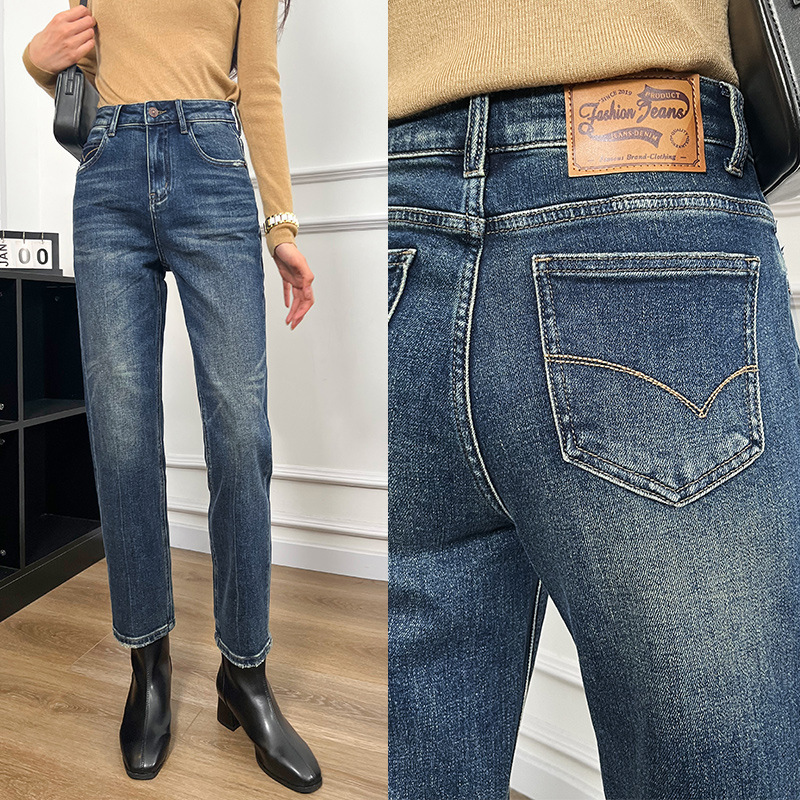 Yellow Flower Slim 2025 Autumn Retro Style High-Quality Baguette Jeans Women's High Waist Washed Dark Green Slim Straight-Leg Pants