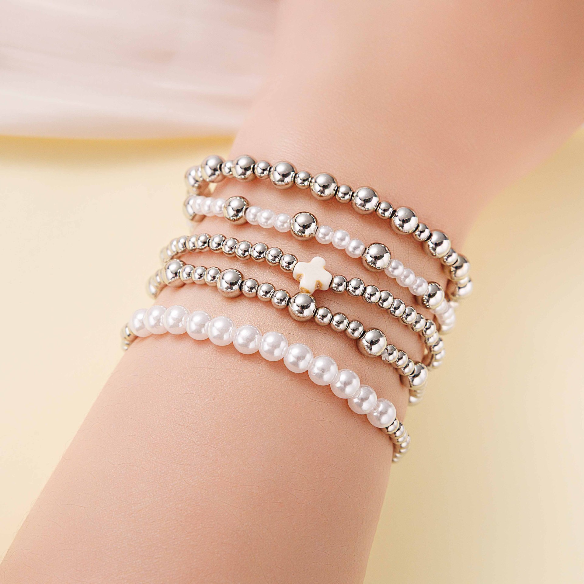 Cross-Border Fashion Stylish Turquoise Cross Pearl Ccb Beaded Elastic Women's Bracelet Five-Piece Bracelet Set