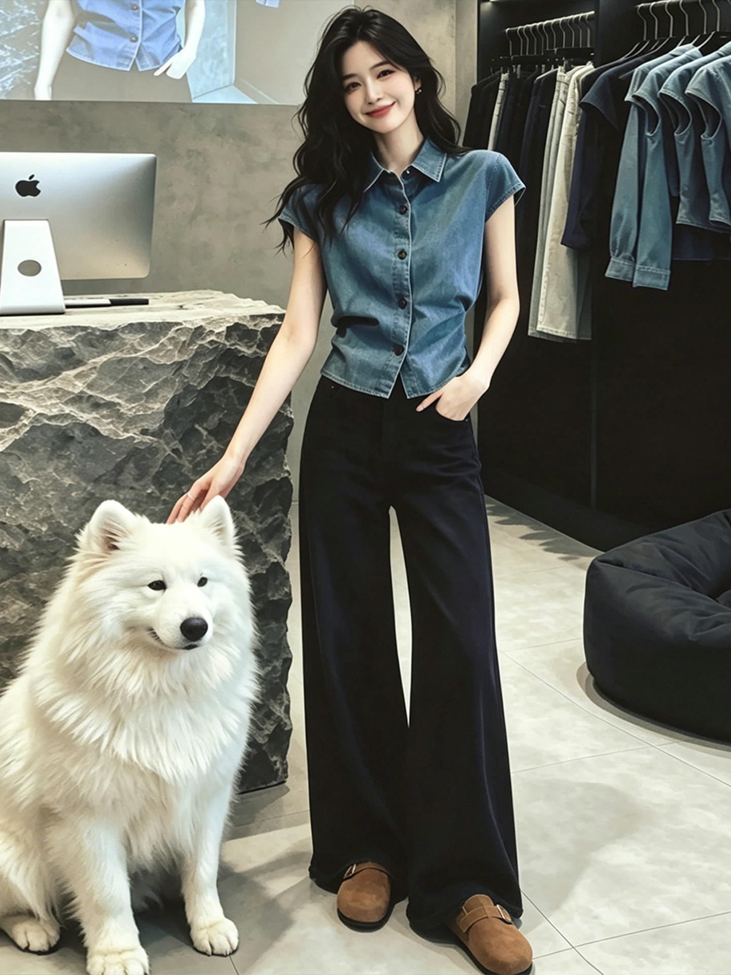 Áo sơ mi nữ cổ lật xanh denim tay bèo nhỏ eo thon — màu xanh nhạt