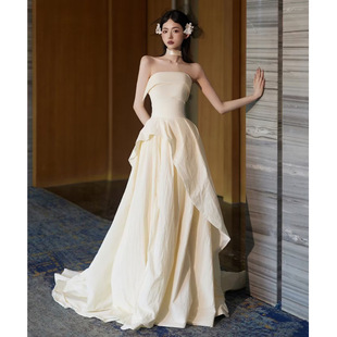 Strapless Satin Light Wedding Dress Bride High-Level Simple Retro Dress White Engagement Welcome Gown Dress