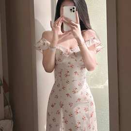 茶歇法式碎花连衣裙女夏季2025新款高级感气质收腰显瘦开叉长裙子
