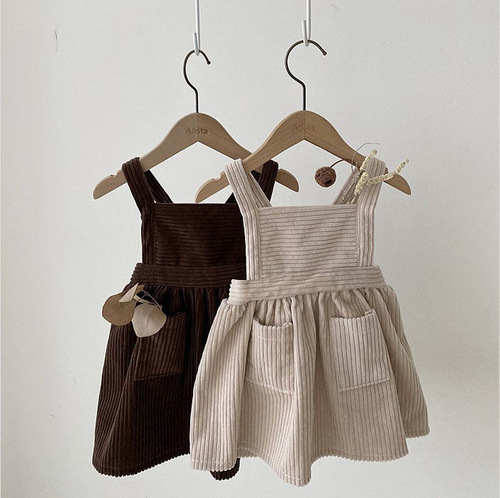  Korean version spring and autumn baby children's clothing corduroy dress 100-day-old baby girl forest style artistic vest dress