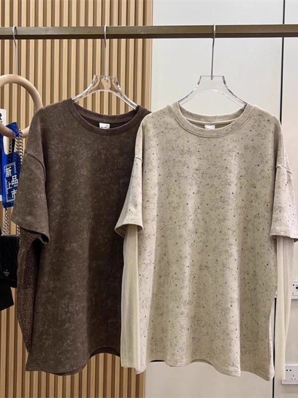 Oversized 1.00 kg-150.00 kg chubby girl Heavy Industry Hot Drilling Baby's Sky Star Design Fake Two-piece Lace Sleeve Long Sleeve T-shirt Top Trendy