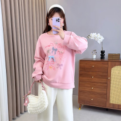双天2025新款大码女装胖mm宽松休闲蝴蝶结圆领长袖卫衣上衣女9085
